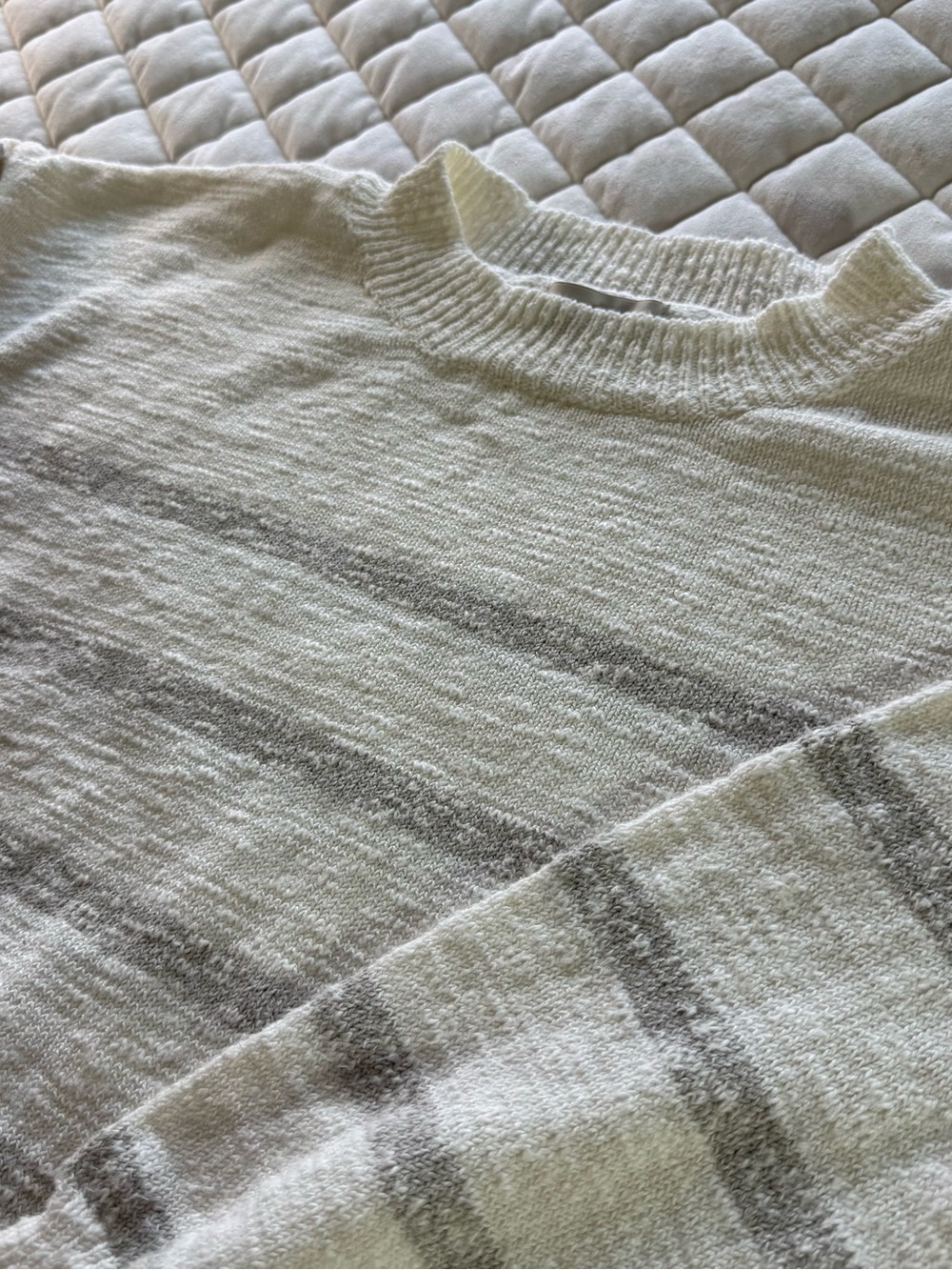 Bêcool 100% Cotton Striped Knit Crewneck Sweater Cream Grey Size M/L